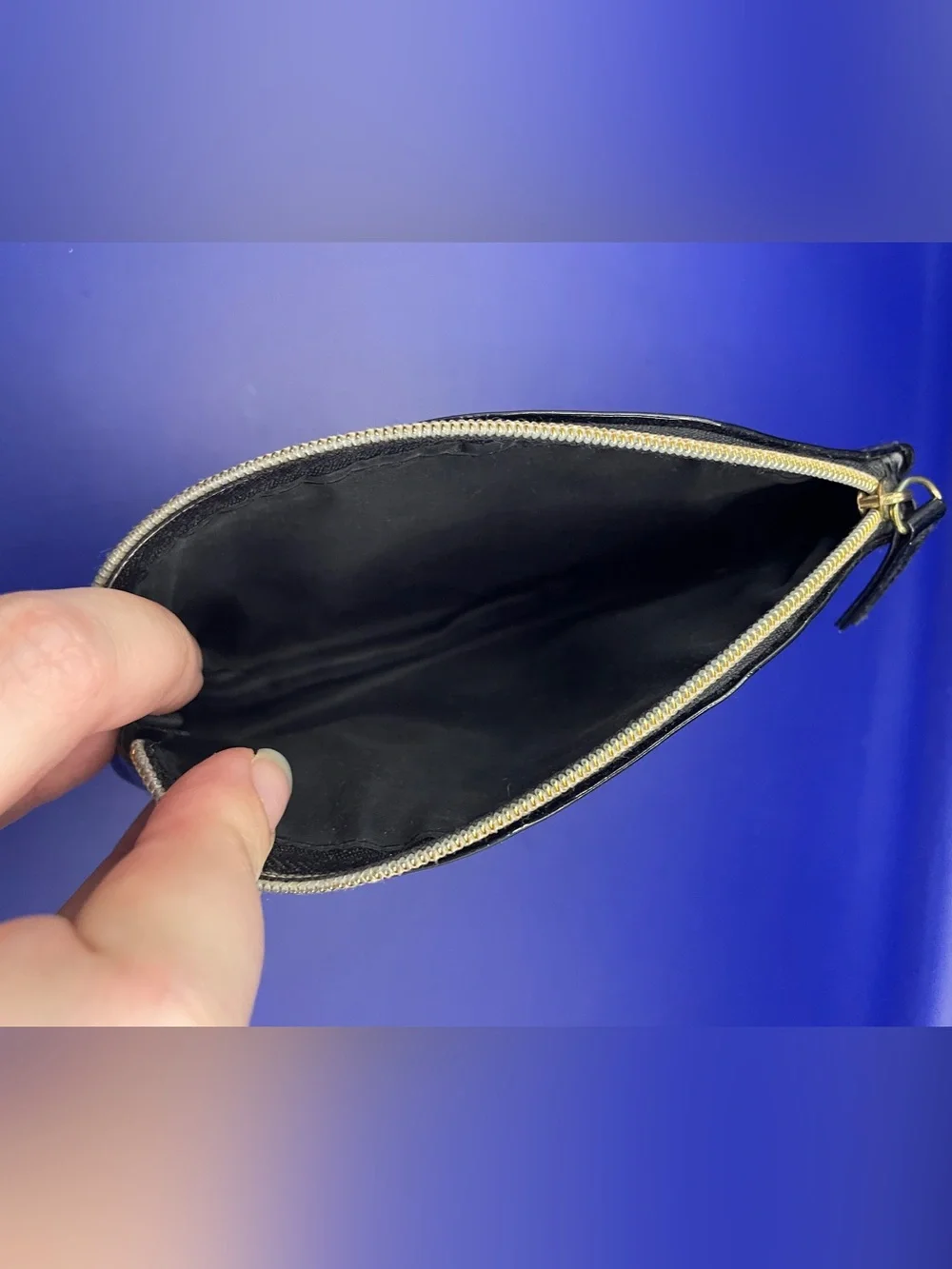 Vintage Glossy Black Patent Leather Cosmetic Bag Gold Zipper Small